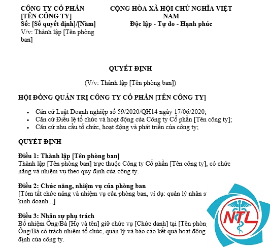 quyết định thành lập phòng tổ chức hành chính