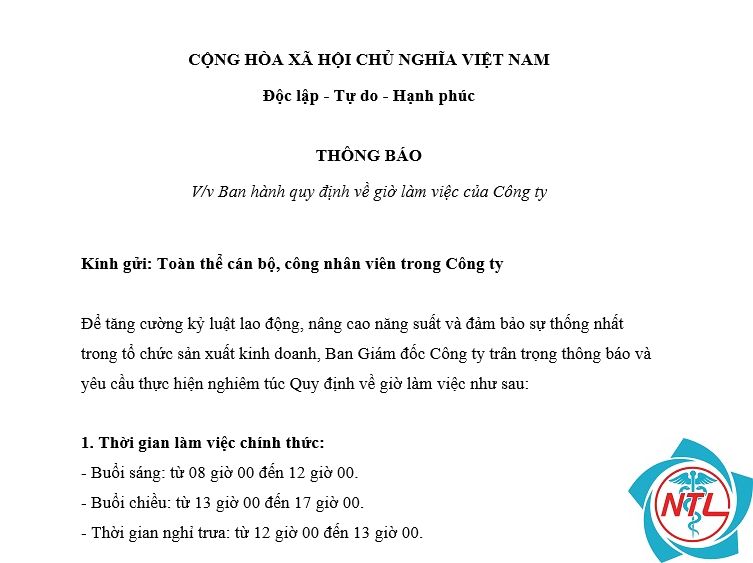 thông báo lịch làm việc công ty